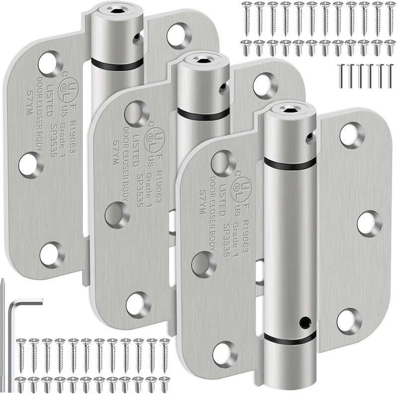 IOQ 3.5 Inch Self Closing Door Hinges, 5/8" Radius Corners Spring Loaded Hinges for Interior Door, Bedroom, Pantry Door, UL Listed, for Left and Right Hand Door, Brushed Nickel, 3 Pack - Image 1